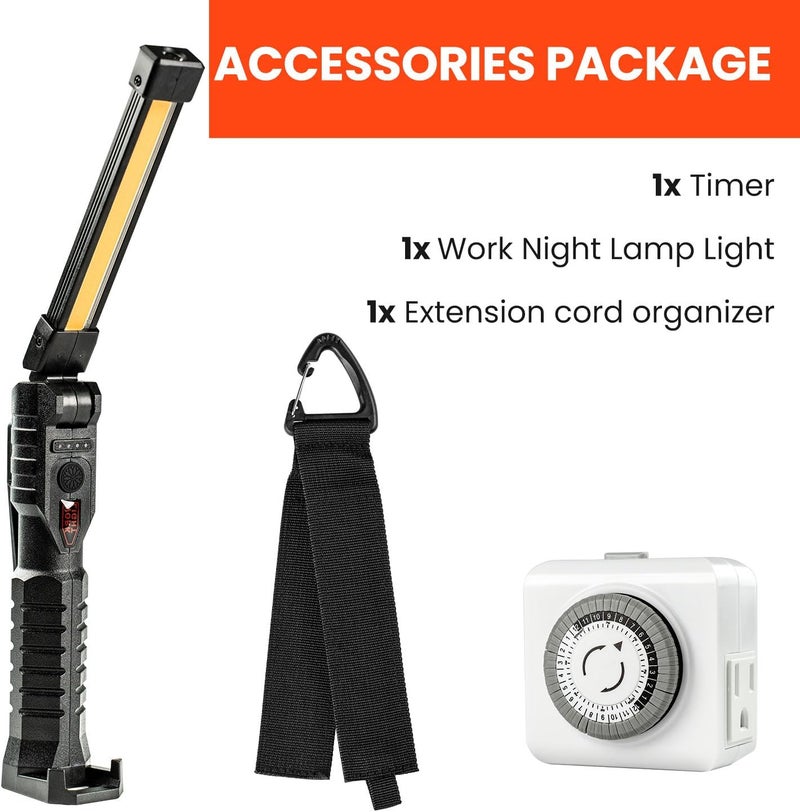 Abestorm Accessories Package. 180° Rotate LED Worklight, Extension Cord Holder Organizer for garage organization and storage, and 24-hour Mechanical Outlet Timer. - Image 2
